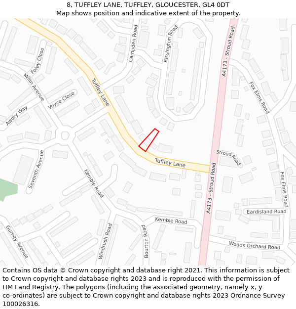 8, TUFFLEY LANE, TUFFLEY, GLOUCESTER, GL4 0DT: Location map and indicative extent of plot