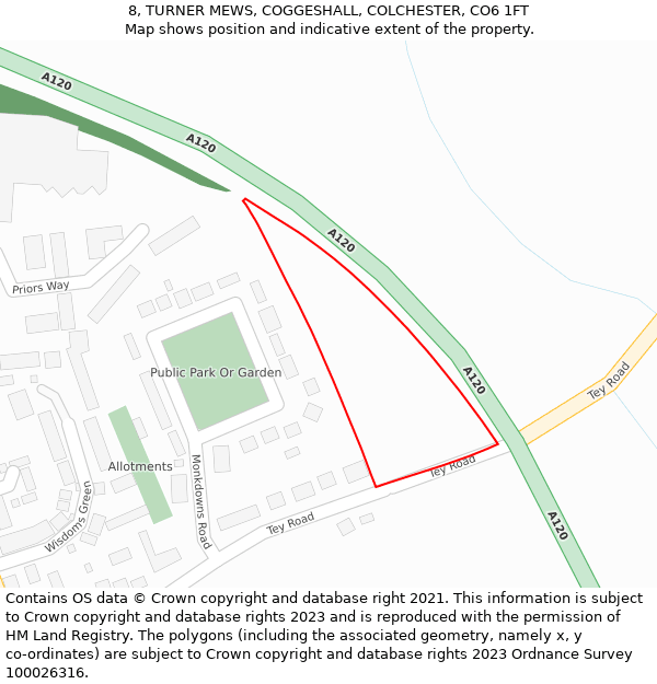 8, TURNER MEWS, COGGESHALL, COLCHESTER, CO6 1FT: Location map and indicative extent of plot