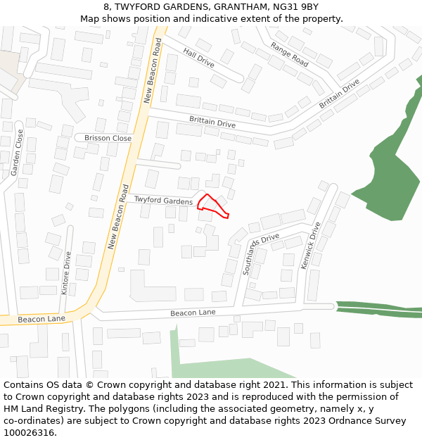 8, TWYFORD GARDENS, GRANTHAM, NG31 9BY: Location map and indicative extent of plot