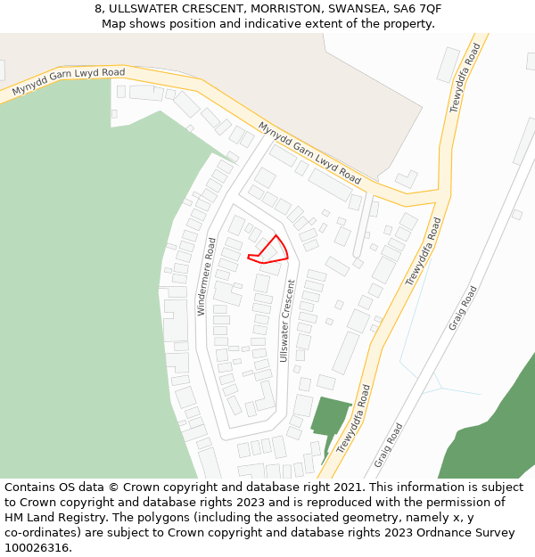 8, ULLSWATER CRESCENT, MORRISTON, SWANSEA, SA6 7QF: Location map and indicative extent of plot