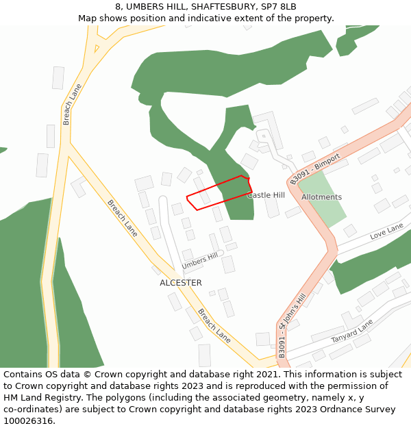 8, UMBERS HILL, SHAFTESBURY, SP7 8LB: Location map and indicative extent of plot