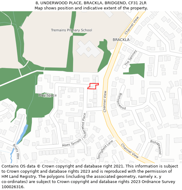 8, UNDERWOOD PLACE, BRACKLA, BRIDGEND, CF31 2LR: Location map and indicative extent of plot