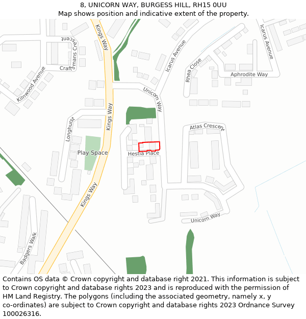 8, UNICORN WAY, BURGESS HILL, RH15 0UU: Location map and indicative extent of plot