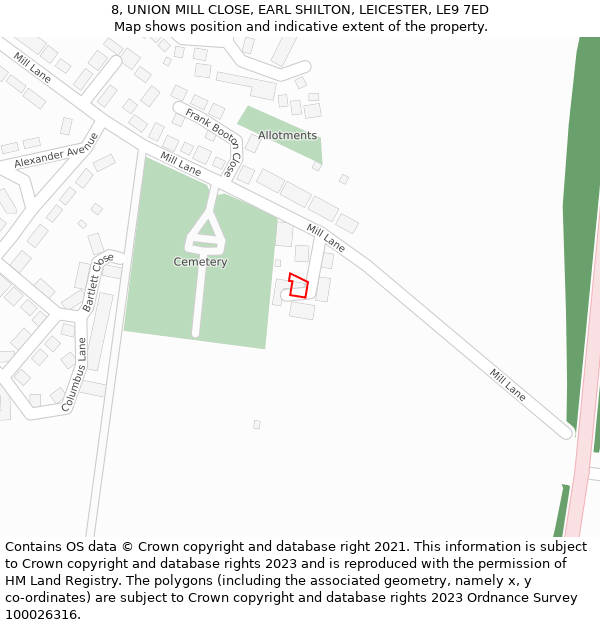 8, UNION MILL CLOSE, EARL SHILTON, LEICESTER, LE9 7ED: Location map and indicative extent of plot