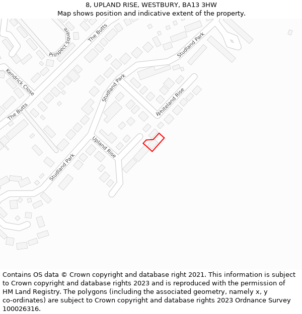 8, UPLAND RISE, WESTBURY, BA13 3HW: Location map and indicative extent of plot