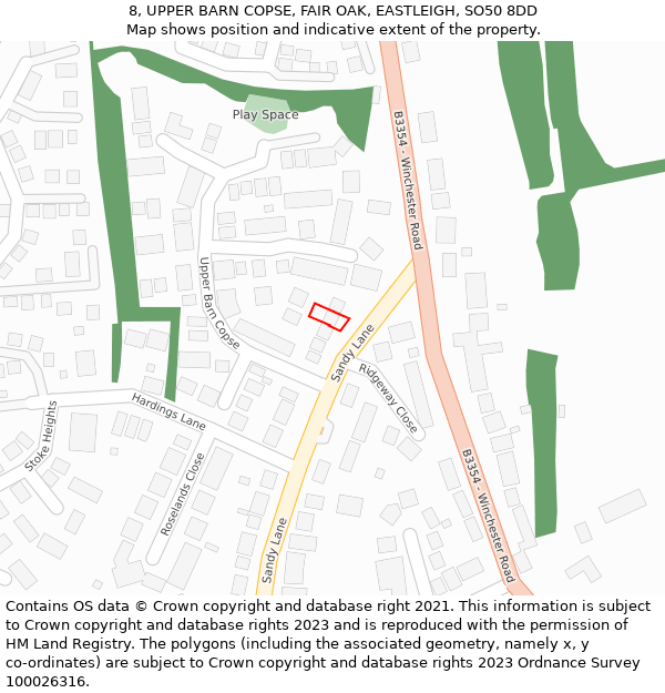 8, UPPER BARN COPSE, FAIR OAK, EASTLEIGH, SO50 8DD: Location map and indicative extent of plot