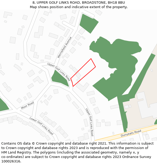 8, UPPER GOLF LINKS ROAD, BROADSTONE, BH18 8BU: Location map and indicative extent of plot