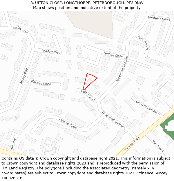 8, UPTON CLOSE, LONGTHORPE, PETERBOROUGH, PE3 9NW: Location map and indicative extent of plot
