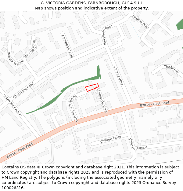 8, VICTORIA GARDENS, FARNBOROUGH, GU14 9UH: Location map and indicative extent of plot