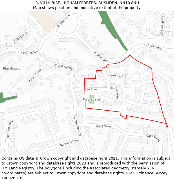 8, VILLA RISE, HIGHAM FERRERS, RUSHDEN, NN10 8NU: Location map and indicative extent of plot