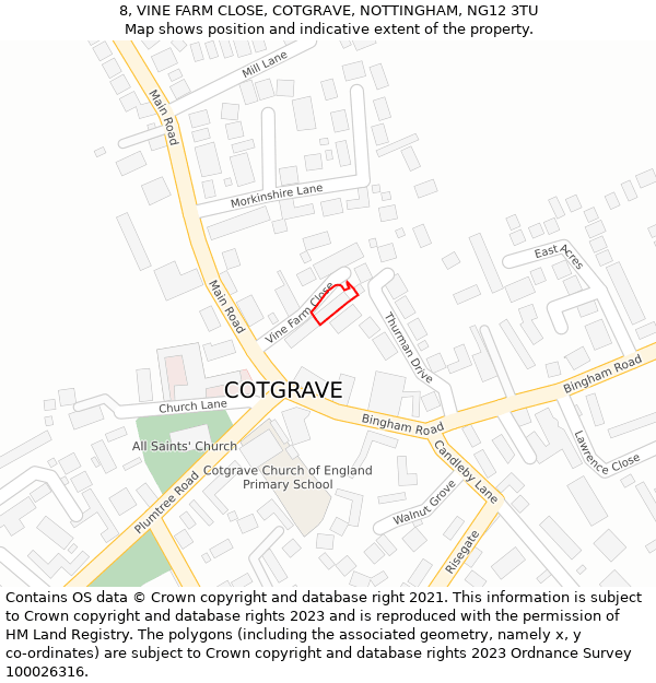 8, VINE FARM CLOSE, COTGRAVE, NOTTINGHAM, NG12 3TU: Location map and indicative extent of plot