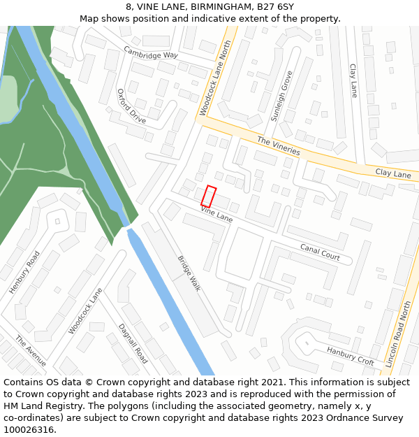 8, VINE LANE, BIRMINGHAM, B27 6SY: Location map and indicative extent of plot