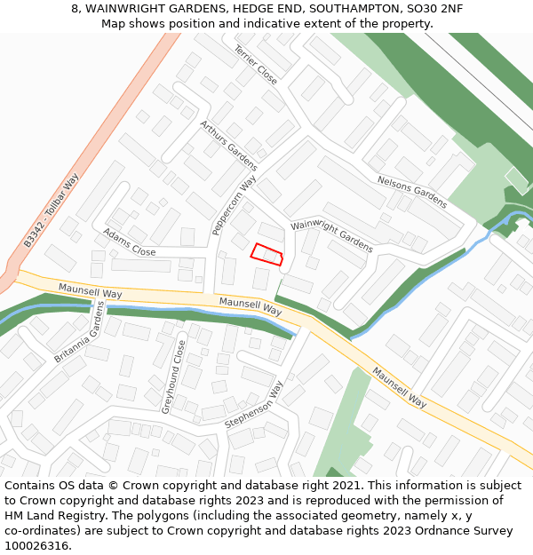 8, WAINWRIGHT GARDENS, HEDGE END, SOUTHAMPTON, SO30 2NF: Location map and indicative extent of plot