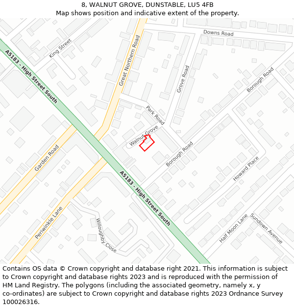 8, WALNUT GROVE, DUNSTABLE, LU5 4FB: Location map and indicative extent of plot