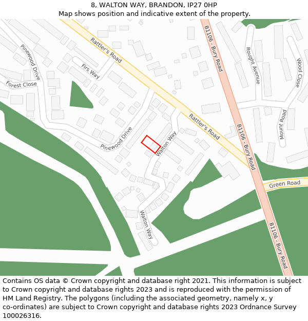 8, WALTON WAY, BRANDON, IP27 0HP: Location map and indicative extent of plot