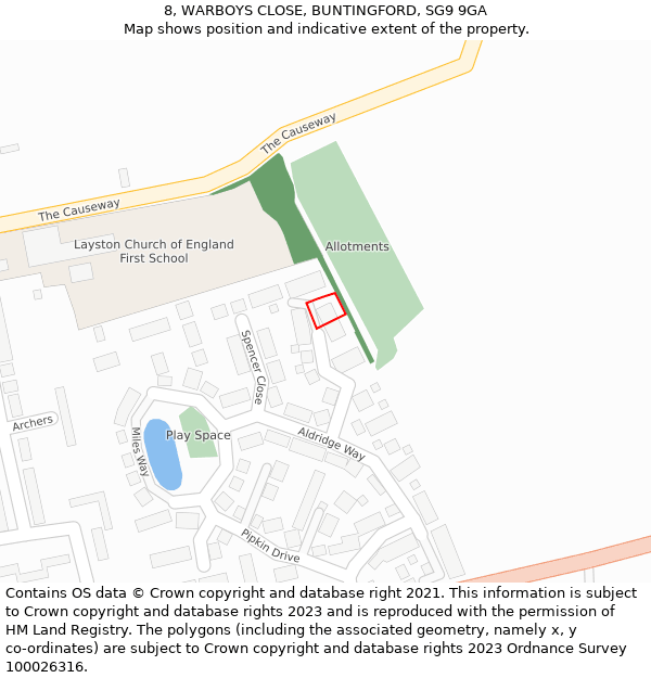 8, WARBOYS CLOSE, BUNTINGFORD, SG9 9GA: Location map and indicative extent of plot