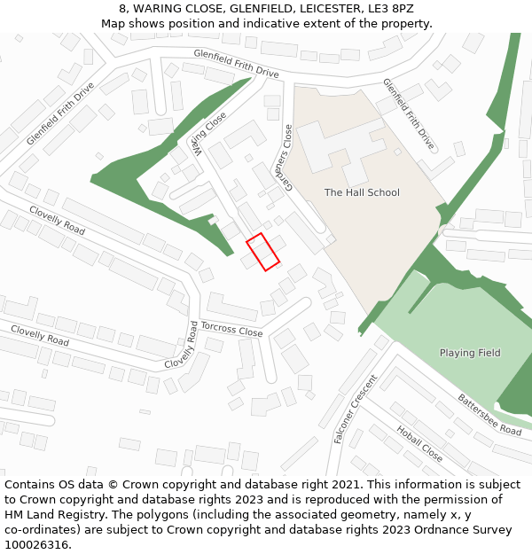 8, WARING CLOSE, GLENFIELD, LEICESTER, LE3 8PZ: Location map and indicative extent of plot