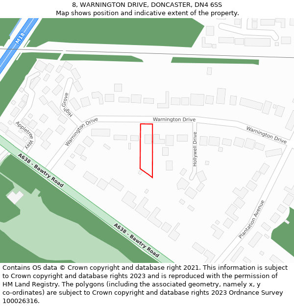 8, WARNINGTON DRIVE, DONCASTER, DN4 6SS: Location map and indicative extent of plot