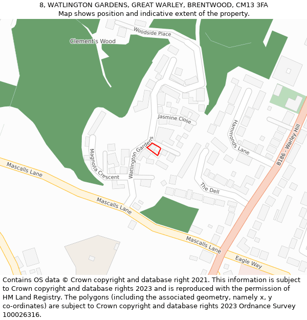 8, WATLINGTON GARDENS, GREAT WARLEY, BRENTWOOD, CM13 3FA: Location map and indicative extent of plot