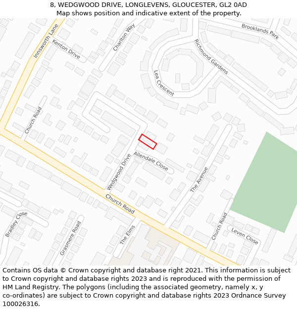 8, WEDGWOOD DRIVE, LONGLEVENS, GLOUCESTER, GL2 0AD: Location map and indicative extent of plot