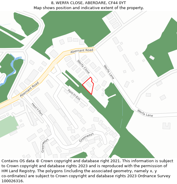 8, WERFA CLOSE, ABERDARE, CF44 0YT: Location map and indicative extent of plot