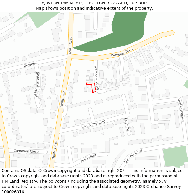 8, WERNHAM MEAD, LEIGHTON BUZZARD, LU7 3HP: Location map and indicative extent of plot