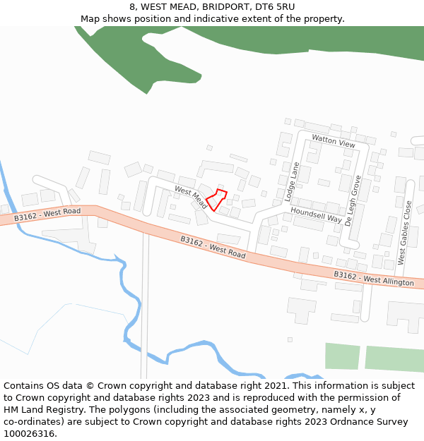 8, WEST MEAD, BRIDPORT, DT6 5RU: Location map and indicative extent of plot