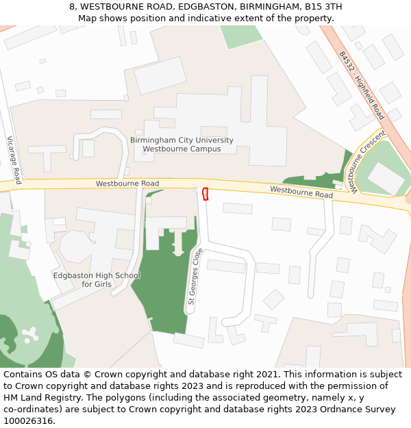 8, WESTBOURNE ROAD, EDGBASTON, BIRMINGHAM, B15 3TH: Location map and indicative extent of plot
