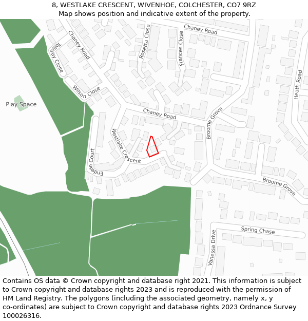 8, WESTLAKE CRESCENT, WIVENHOE, COLCHESTER, CO7 9RZ: Location map and indicative extent of plot