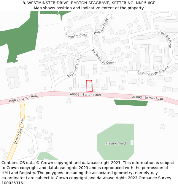 8, WESTMINSTER DRIVE, BARTON SEAGRAVE, KETTERING, NN15 6GE: Location map and indicative extent of plot