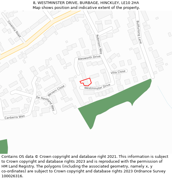 8, WESTMINSTER DRIVE, BURBAGE, HINCKLEY, LE10 2HA: Location map and indicative extent of plot