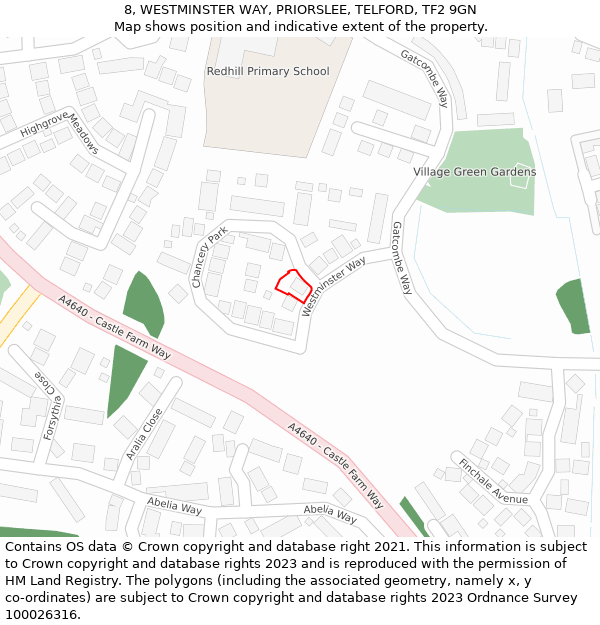 8, WESTMINSTER WAY, PRIORSLEE, TELFORD, TF2 9GN: Location map and indicative extent of plot