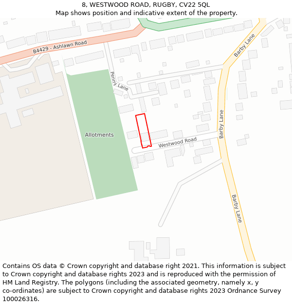 8, WESTWOOD ROAD, RUGBY, CV22 5QL: Location map and indicative extent of plot