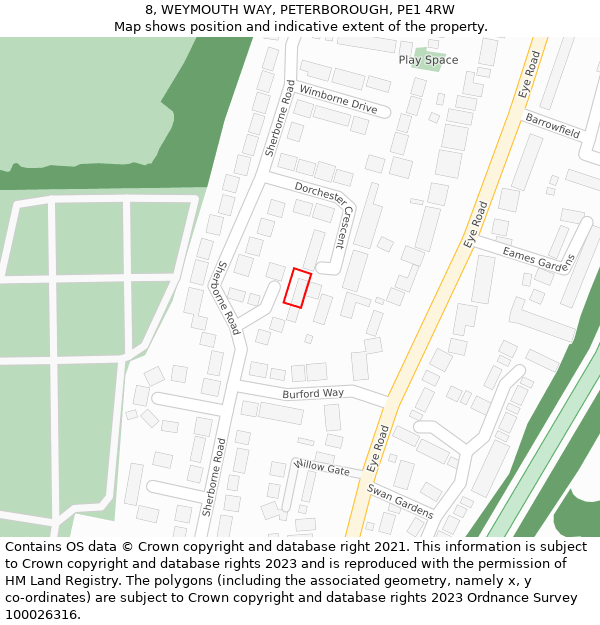 8, WEYMOUTH WAY, PETERBOROUGH, PE1 4RW: Location map and indicative extent of plot