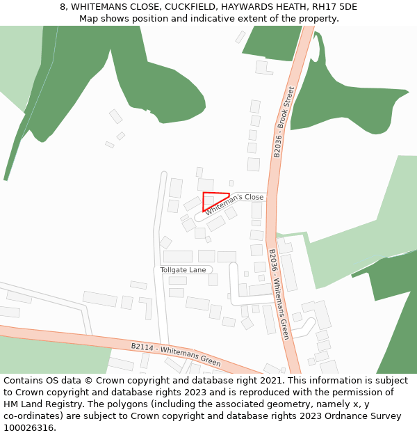 8, WHITEMANS CLOSE, CUCKFIELD, HAYWARDS HEATH, RH17 5DE: Location map and indicative extent of plot