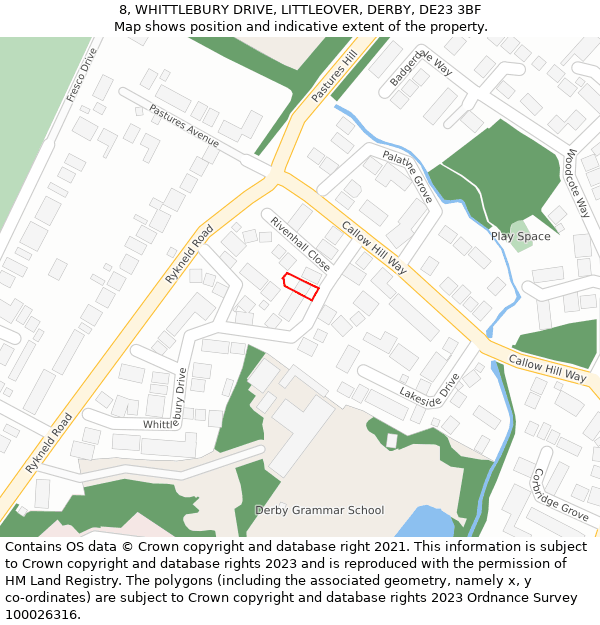 8, WHITTLEBURY DRIVE, LITTLEOVER, DERBY, DE23 3BF: Location map and indicative extent of plot