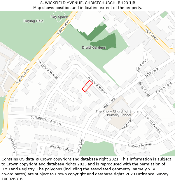 8, WICKFIELD AVENUE, CHRISTCHURCH, BH23 1JB: Location map and indicative extent of plot