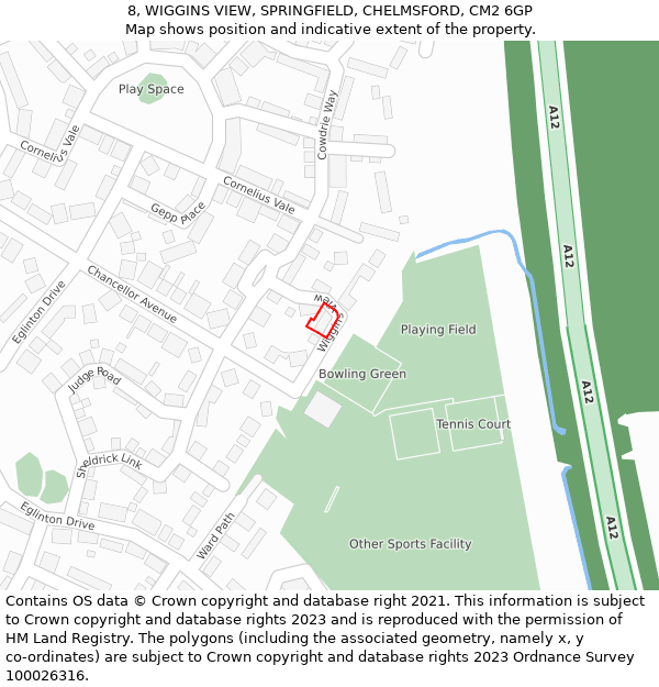 8, WIGGINS VIEW, SPRINGFIELD, CHELMSFORD, CM2 6GP: Location map and indicative extent of plot