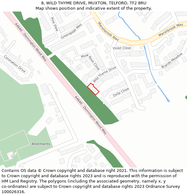8, WILD THYME DRIVE, MUXTON, TELFORD, TF2 8RU: Location map and indicative extent of plot