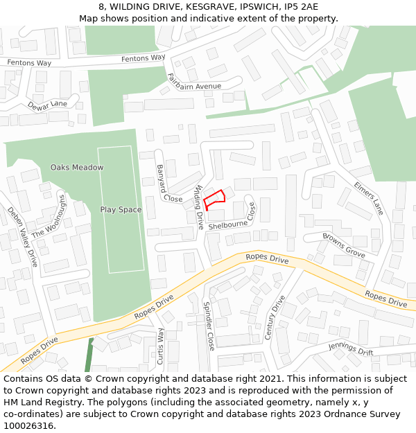 8, WILDING DRIVE, KESGRAVE, IPSWICH, IP5 2AE: Location map and indicative extent of plot