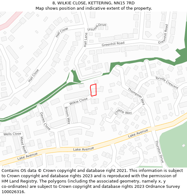 8, WILKIE CLOSE, KETTERING, NN15 7RD: Location map and indicative extent of plot