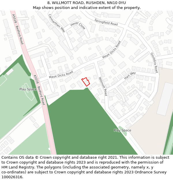 8, WILLMOTT ROAD, RUSHDEN, NN10 0YU: Location map and indicative extent of plot