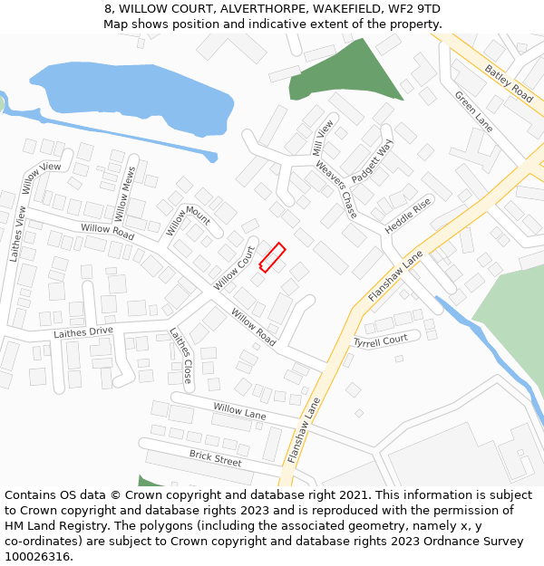 8, WILLOW COURT, ALVERTHORPE, WAKEFIELD, WF2 9TD: Location map and indicative extent of plot