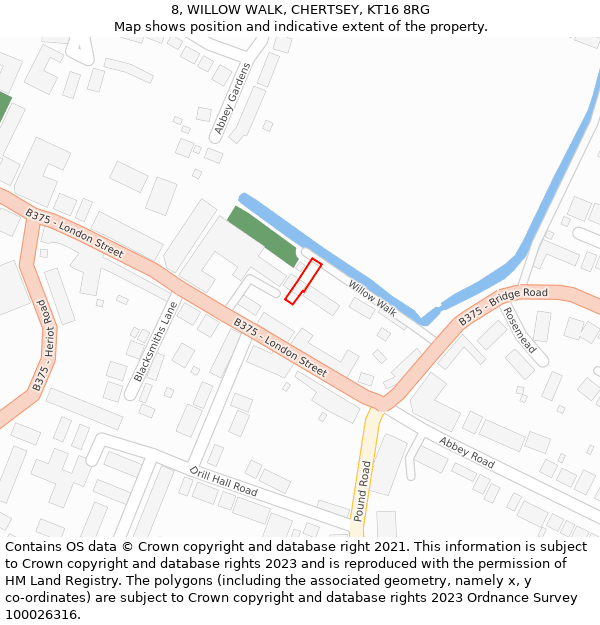 8, WILLOW WALK, CHERTSEY, KT16 8RG: Location map and indicative extent of plot