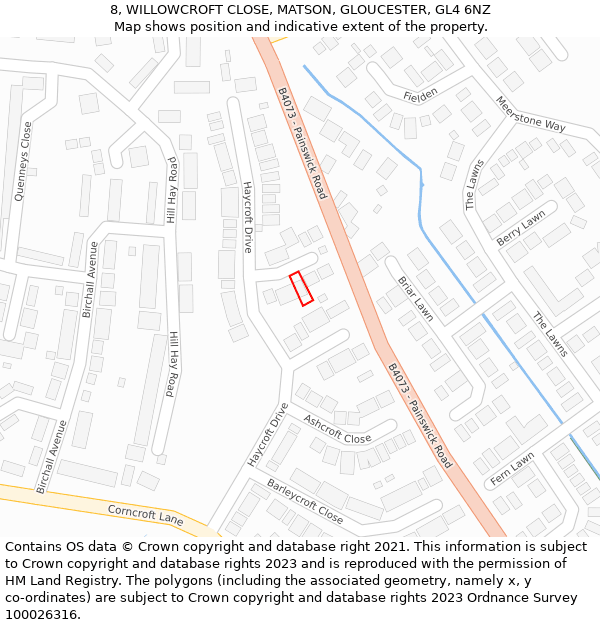 8, WILLOWCROFT CLOSE, MATSON, GLOUCESTER, GL4 6NZ: Location map and indicative extent of plot