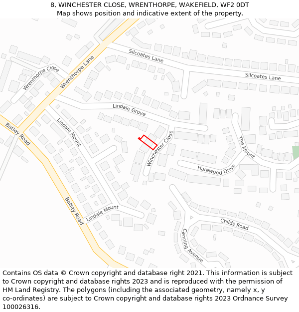 8, WINCHESTER CLOSE, WRENTHORPE, WAKEFIELD, WF2 0DT: Location map and indicative extent of plot