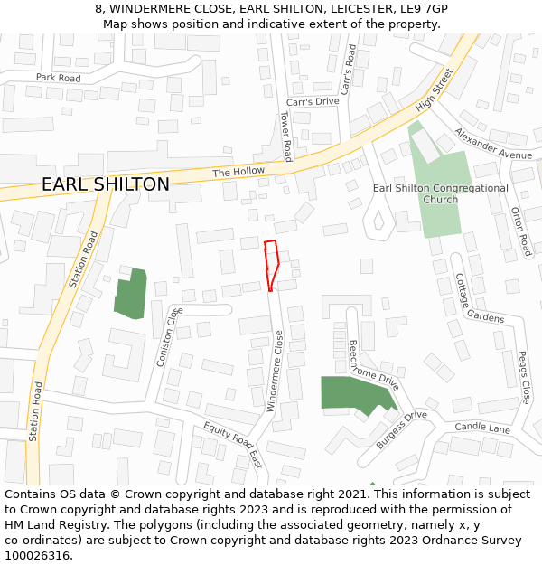 8, WINDERMERE CLOSE, EARL SHILTON, LEICESTER, LE9 7GP: Location map and indicative extent of plot