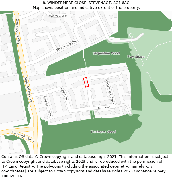 8, WINDERMERE CLOSE, STEVENAGE, SG1 6AG: Location map and indicative extent of plot