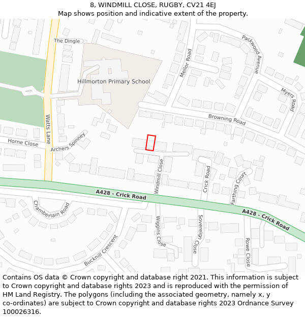 8, WINDMILL CLOSE, RUGBY, CV21 4EJ: Location map and indicative extent of plot