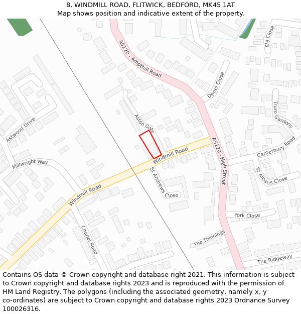 8, WINDMILL ROAD, FLITWICK, BEDFORD, MK45 1AT: Location map and indicative extent of plot